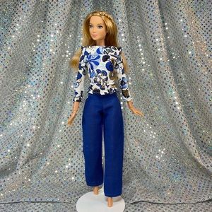 🎨 Handmade Barbie Outfit- Blue and White Floral Long-Sleeve Top and Blue Pants
